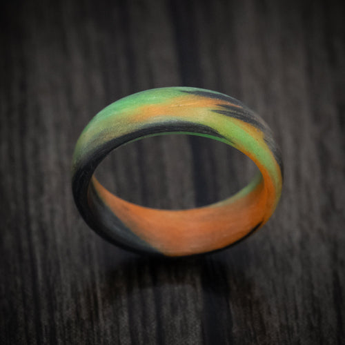 Ember XV - Carbon Fiber Men's Wedding Ring with Orange and Green Glow Marbled Design - view 2 - Nura Lab