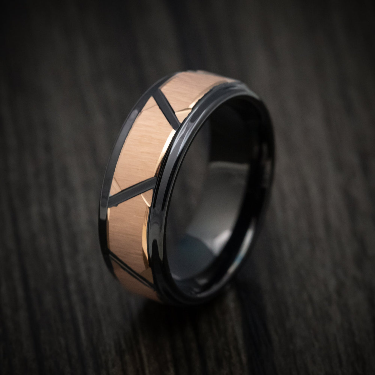 Summit XVI - Black Tungsten Men's Wedding Ring with Golden Geometric Pattern - view 3 - Nura Lab