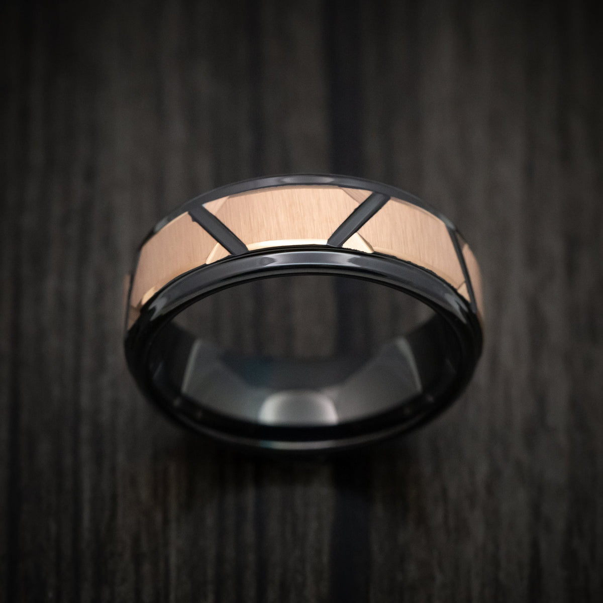 Summit XVI - Black Tungsten Men's Wedding Ring with Golden Geometric Pattern - view 2 - Nura Lab