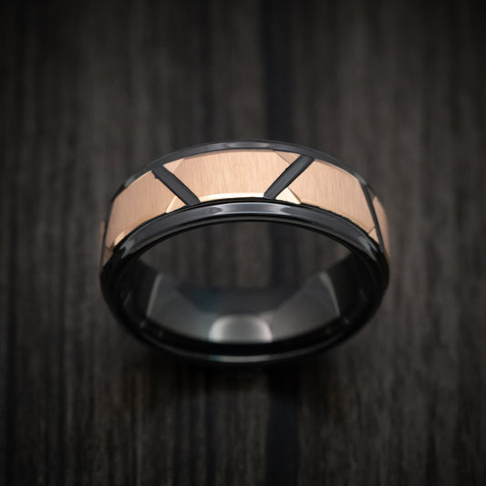 Summit XVI - Black Tungsten Men's Wedding Ring with Golden Geometric Pattern - view 2 - Nura Lab