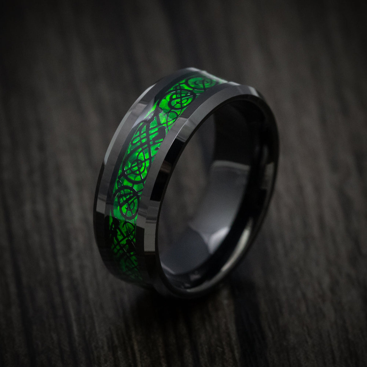 Stonehaven XV - Black Tungsten Men's Wedding Ring with Celtic Green Dragon Inlay - view 3 - Nura Lab