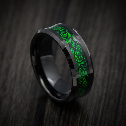 Stonehaven XV - Black Tungsten Men's Wedding Ring with Celtic Green Dragon Inlay - Nura Lab