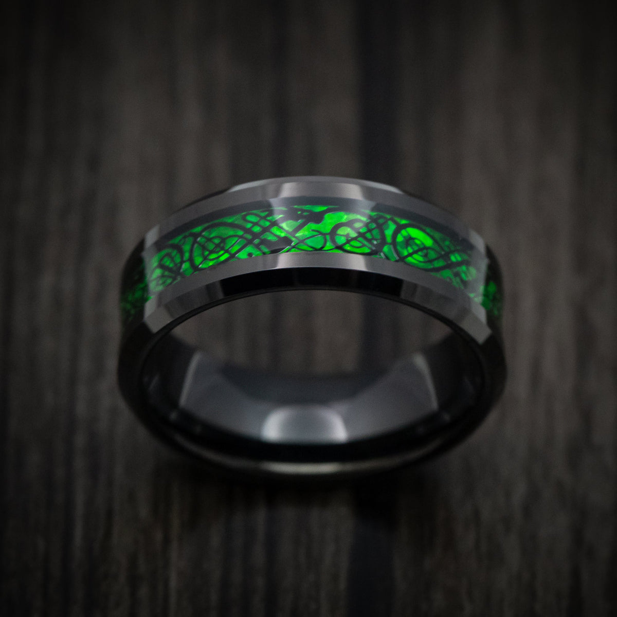 Stonehaven XV - Black Tungsten Men's Wedding Ring with Celtic Green Dragon Inlay - view 2 - Nura Lab