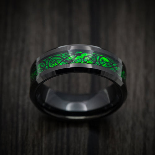 Stonehaven XV - Black Tungsten Men's Wedding Ring with Celtic Green Dragon Inlay - view 2 - Nura Lab