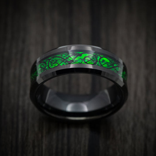Stonehaven XV - Black Tungsten Men's Wedding Ring with Celtic Green Dragon Inlay - view 2 - Nura Lab