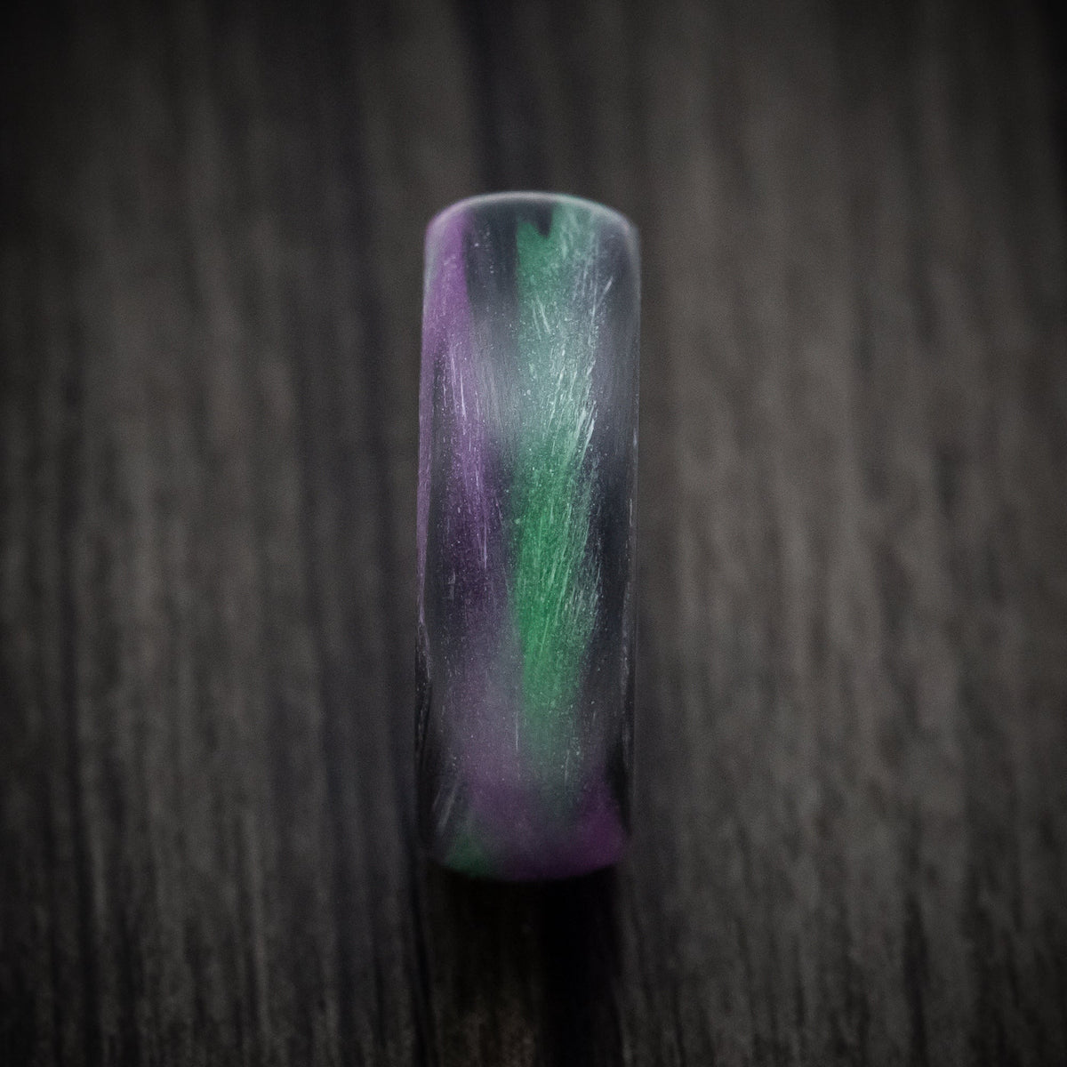 Caesar XIV - Carbon Fiber Men's Wedding Ring with Purple and Green Glow Marbled Design - view 3 - Nura Lab