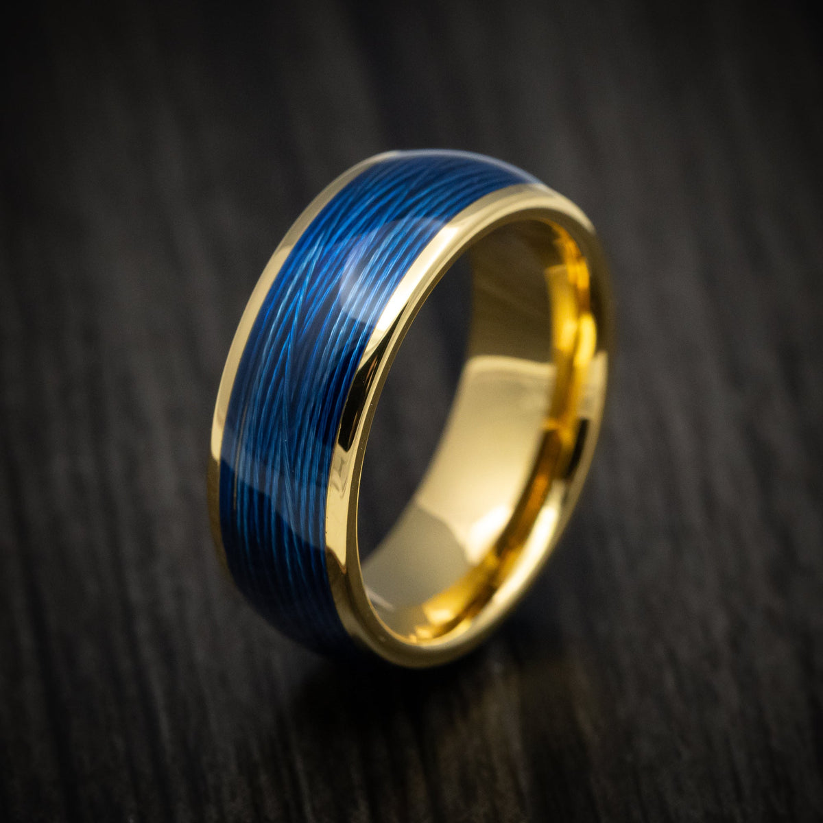 King James XVI - Golden Tungsten Men's Wedding Ring with Blue Wire Inlay - view 3 - Nura Lab