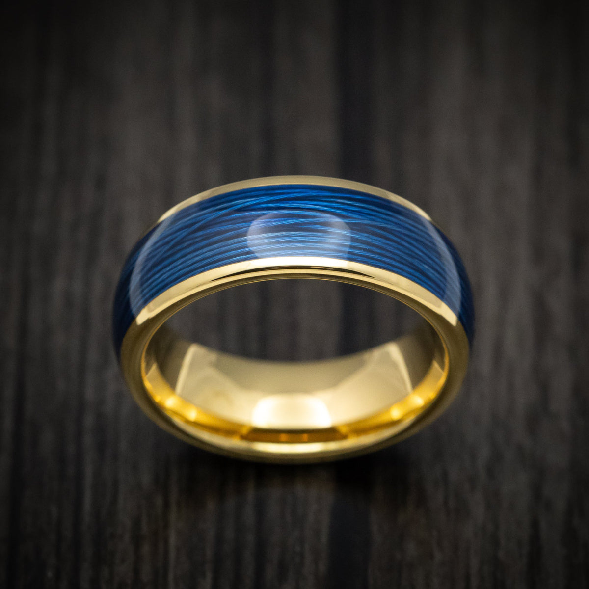 King James XVI - Golden Tungsten Men's Wedding Ring with Blue Wire Inlay - view 2 - Nura Lab