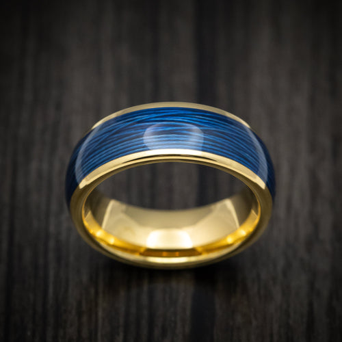 King James XVI - Golden Tungsten Men's Wedding Ring with Blue Wire Inlay - view 2 - Nura Lab