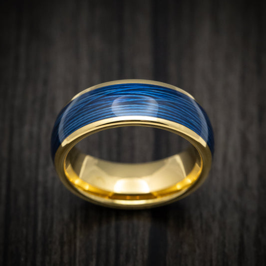 King James XVI - Golden Tungsten Men's Wedding Ring with Blue Wire Inlay - view 2 - Nura Lab
