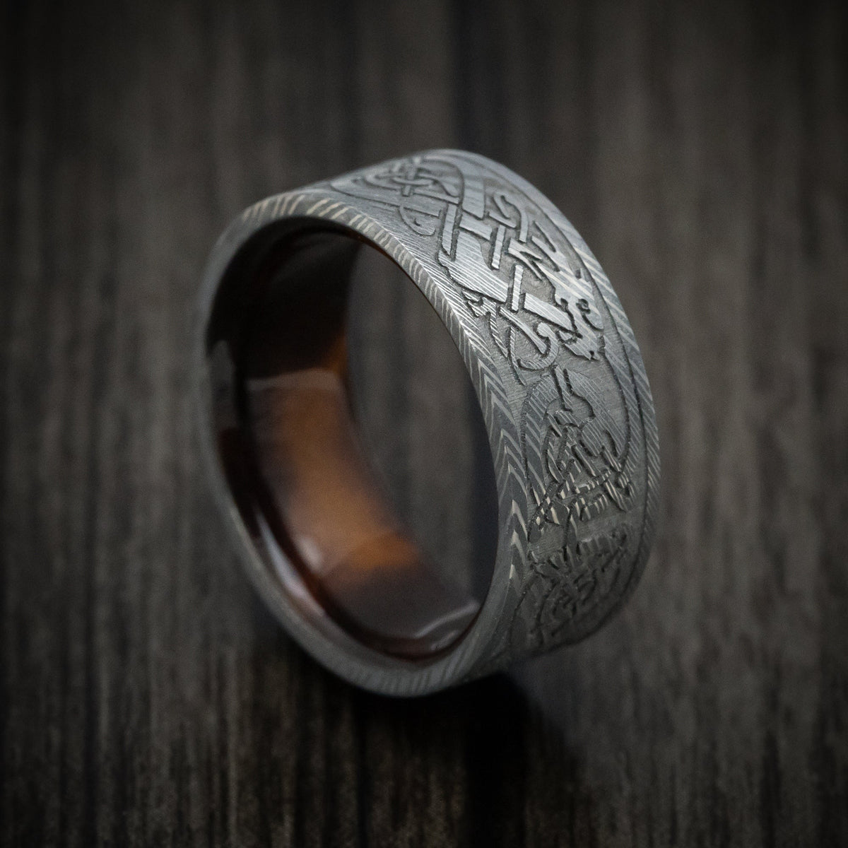 Stronghold VIII - Damascus Steel Celtic Dragon Men's Wedding Ring with Wood Sleeve - Nura Lab