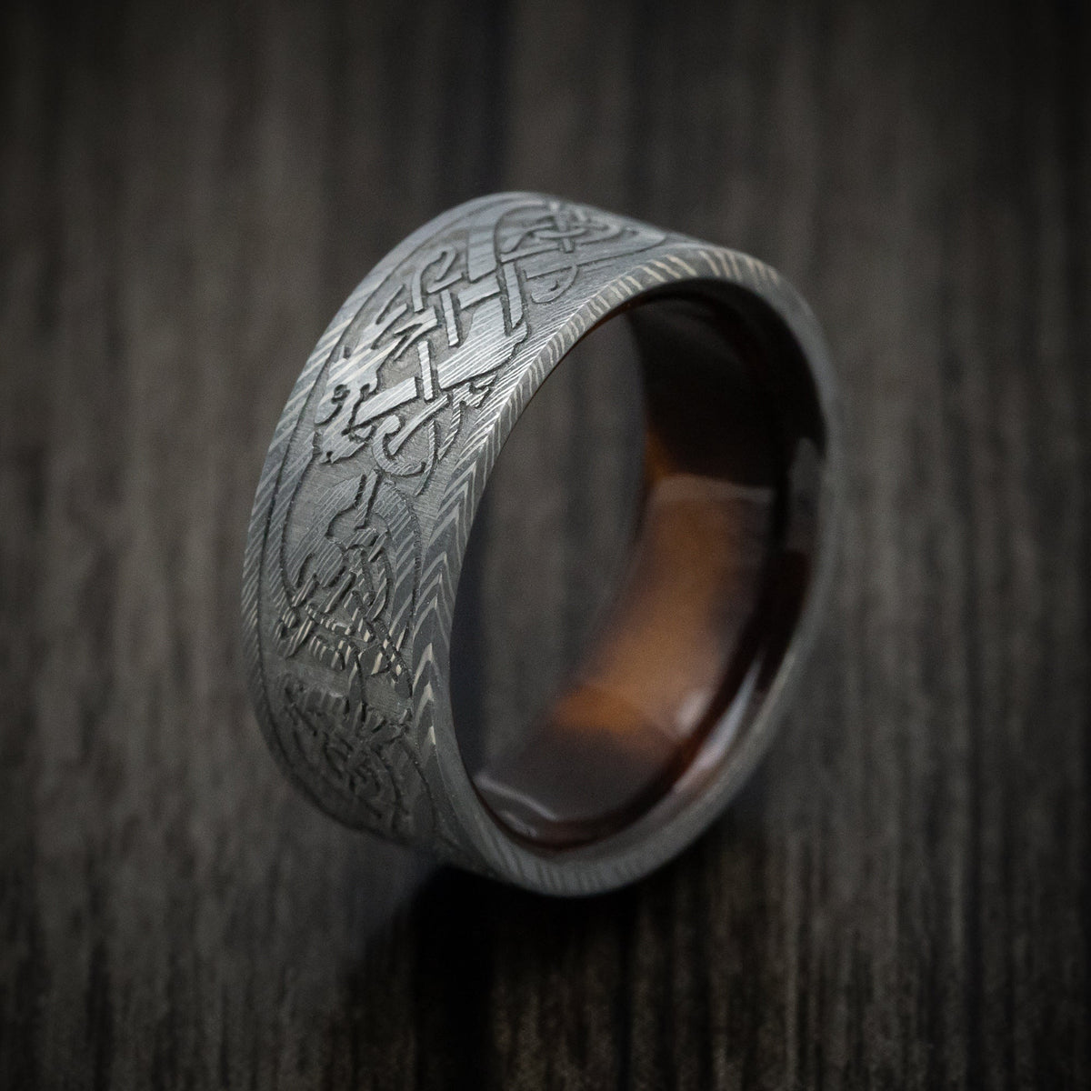Stronghold VIII - Damascus Steel Celtic Dragon Men's Wedding Ring with Wood Sleeve - view 4 - Nura Lab