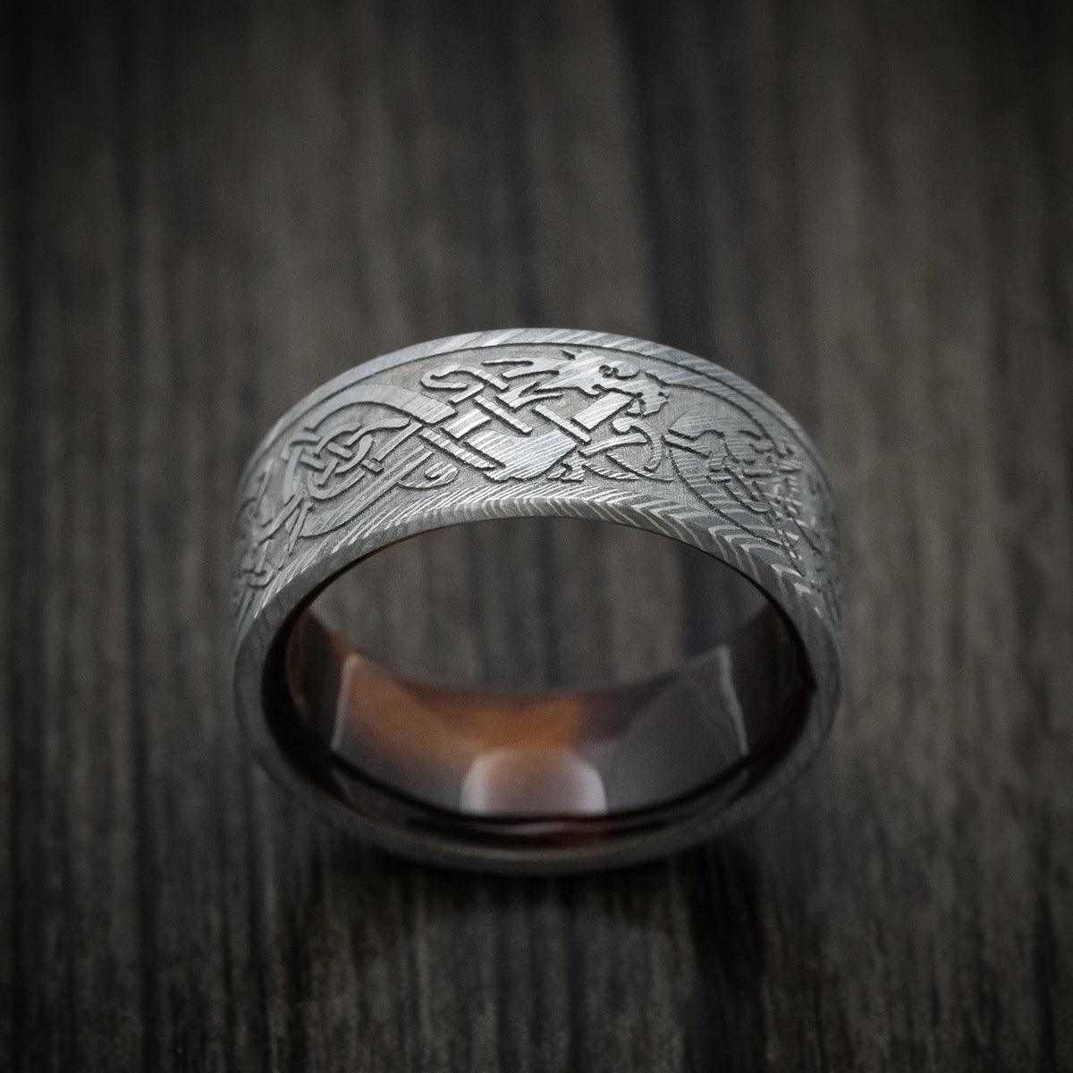 Stronghold VIII - Damascus Steel Celtic Dragon Men's Wedding Ring with Wood Sleeve - view 2 - Nura Lab