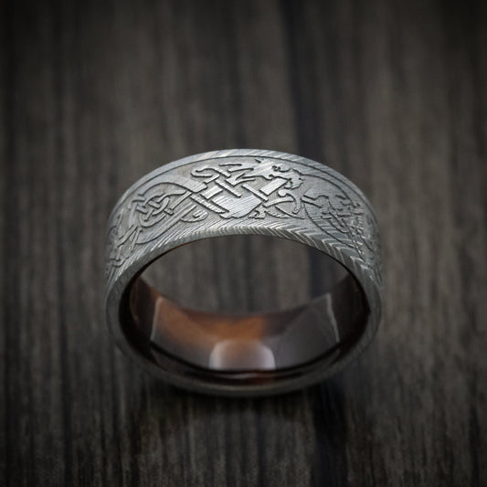 Stronghold VIII - Damascus Steel Celtic Dragon Men's Wedding Ring with Wood Sleeve - view 2 - Nura Lab