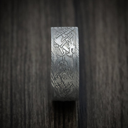 Stronghold VIII - Damascus Steel Celtic Dragon Men's Wedding Ring with Wood Sleeve - view 3 - Nura Lab