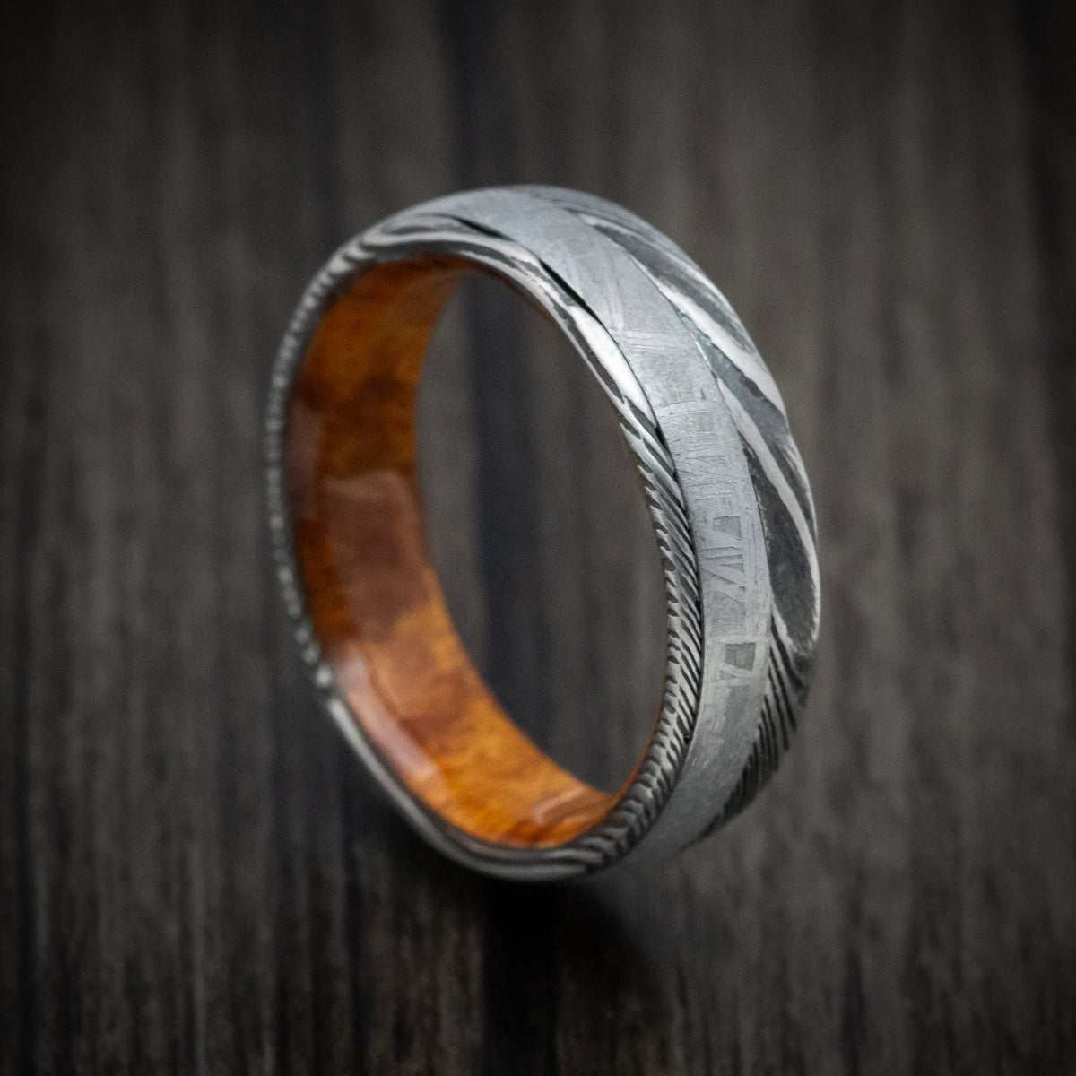 Spartan X - Woodgrain Kuro Damascus Steel Men's Wedding Ring with Meteorite and Wood Sleeve - Nura Lab