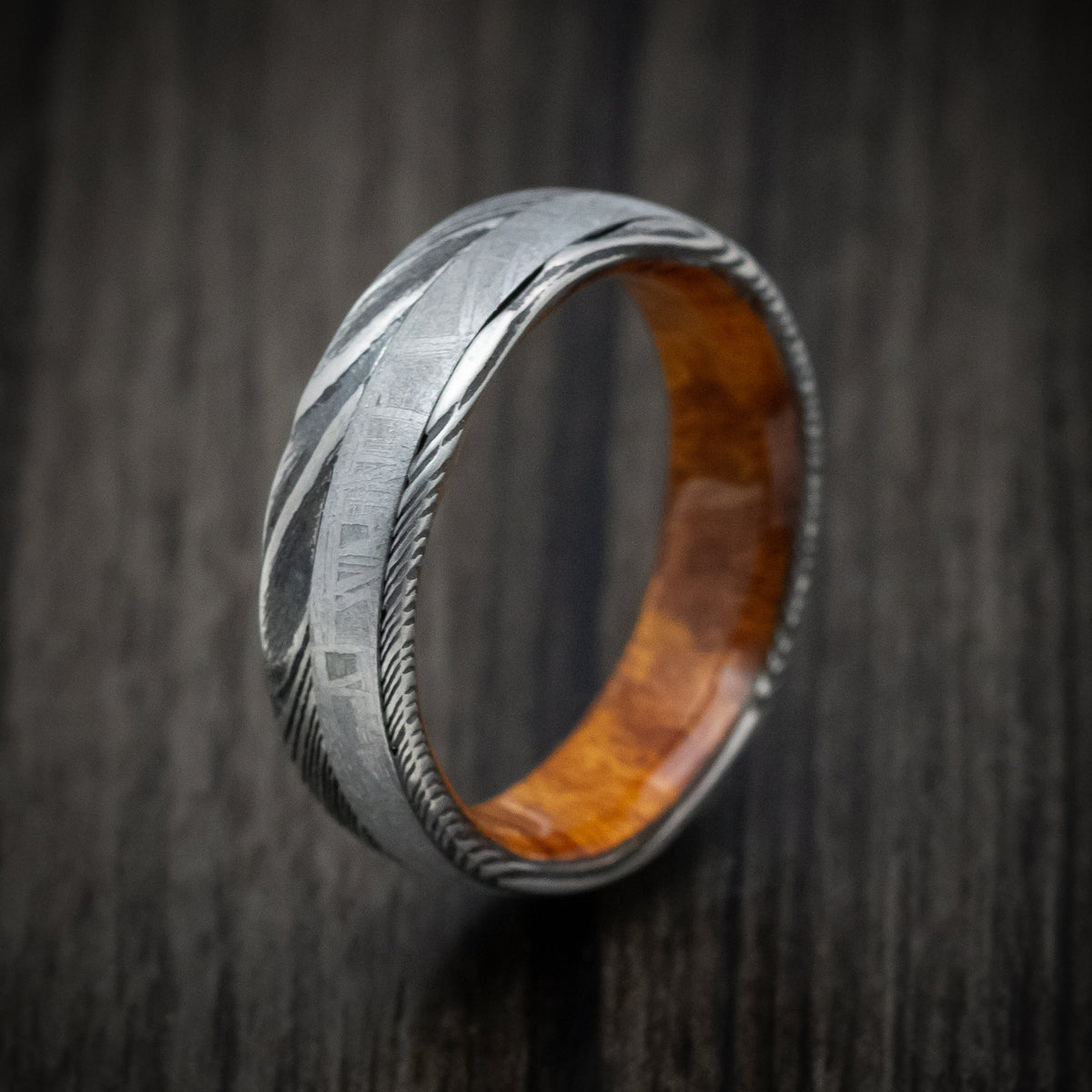 Spartan X - Woodgrain Kuro Damascus Steel Men's Wedding Ring with Meteorite and Wood Sleeve - view 4 - Nura Lab