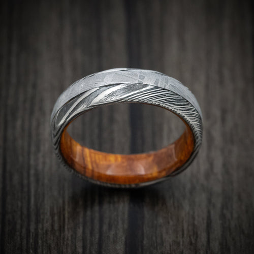 Spartan X - Woodgrain Kuro Damascus Steel Men's Wedding Ring with Meteorite and Wood Sleeve - view 2 - Nura Lab