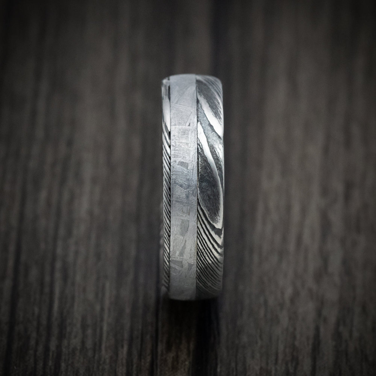 Spartan X - Woodgrain Kuro Damascus Steel Men's Wedding Ring with Meteorite and Wood Sleeve - view 3 - Nura Lab