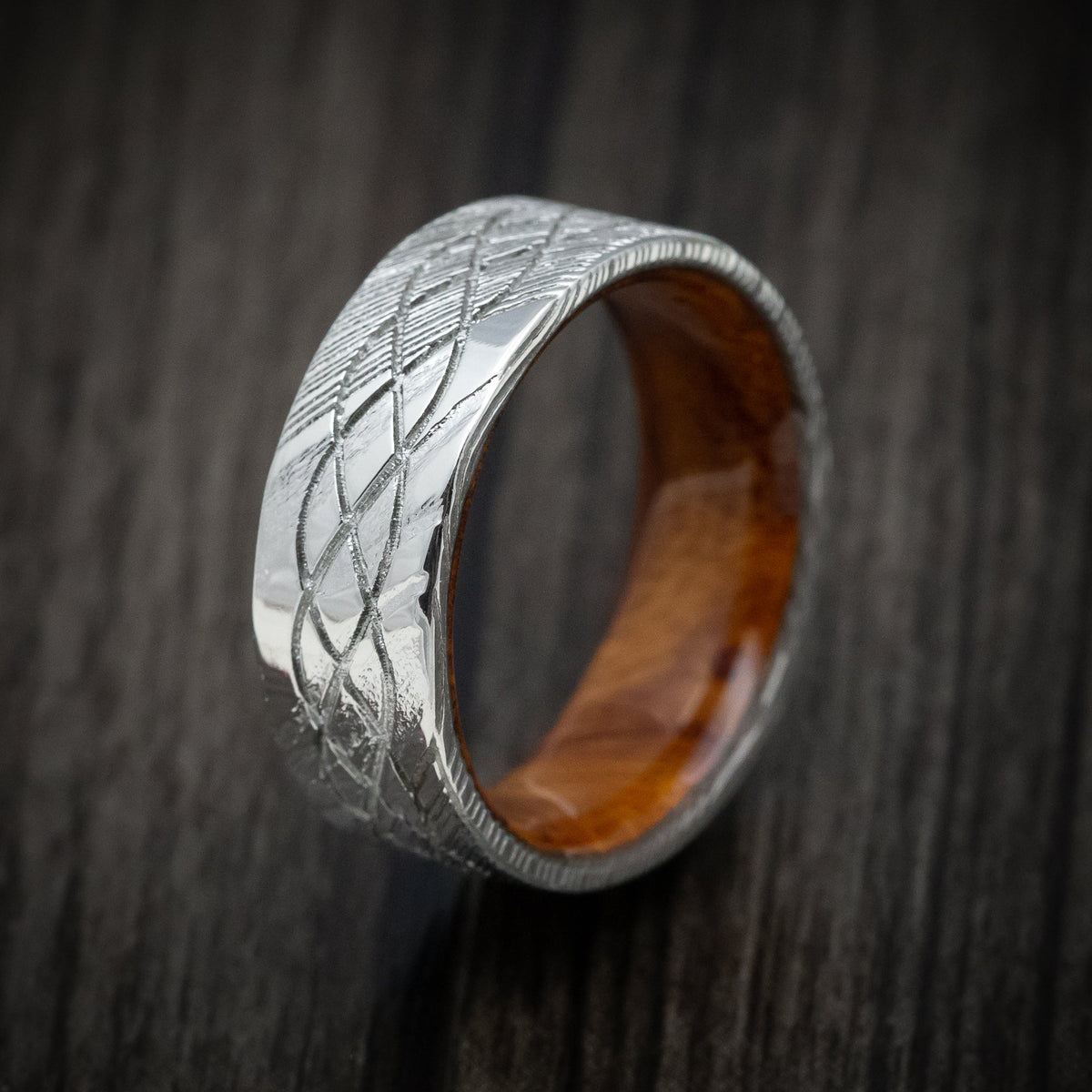 Ridge X - Woodgrain Kuro Damascus Steel Celtic Knot Men's Wedding Ring with Wood Sleeve - view 4 - Nura Lab
