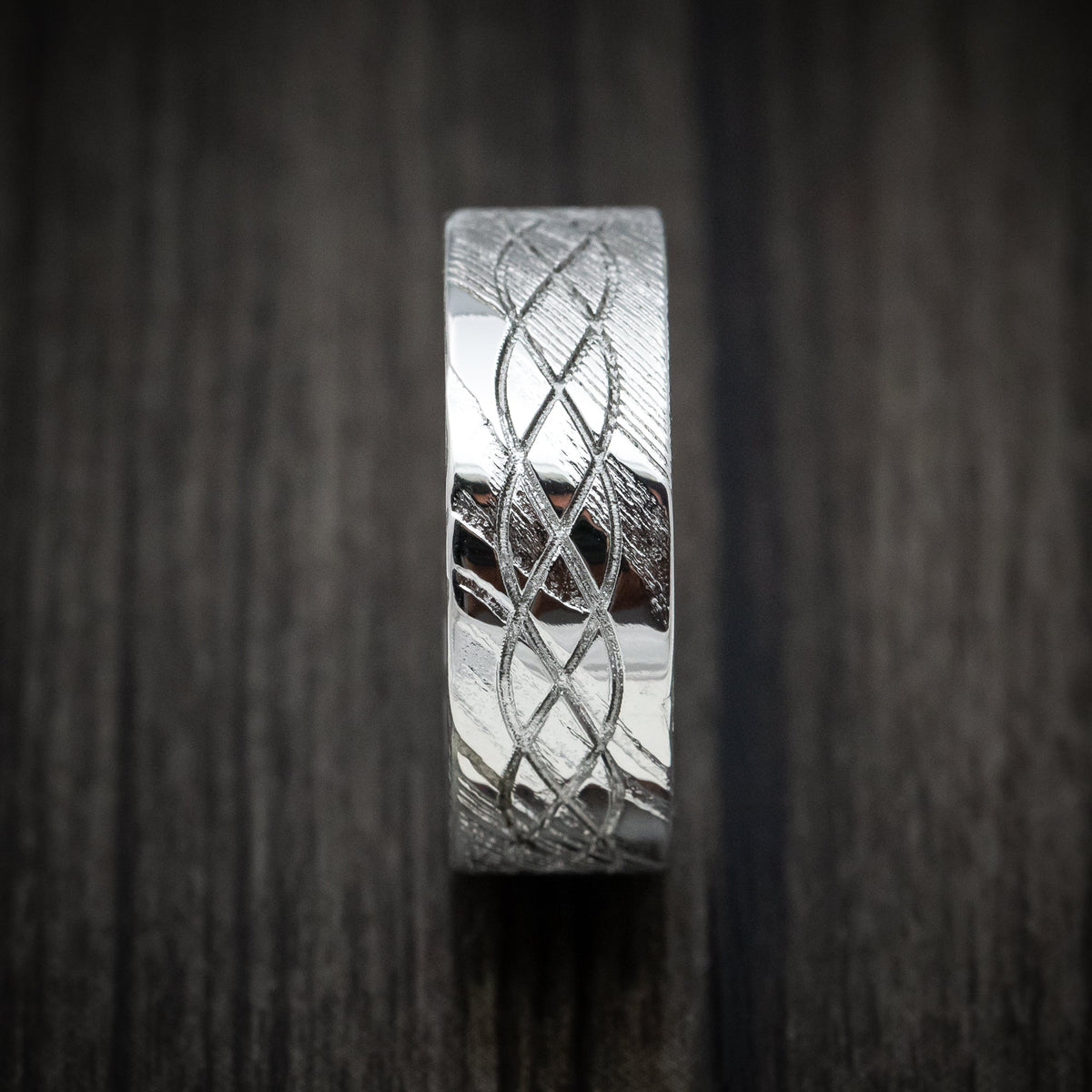 Ridge X - Woodgrain Kuro Damascus Steel Celtic Knot Men's Wedding Ring with Wood Sleeve - view 3 - Nura Lab