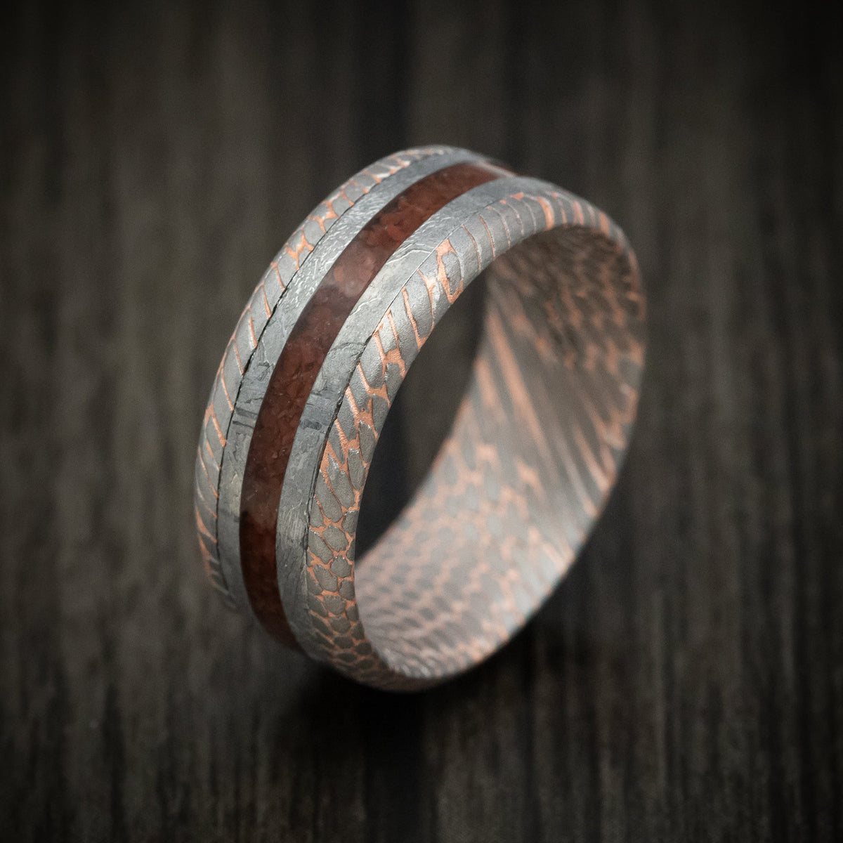 Citadel XVI - Superconductor Men's Wedding Ring with Gibeon Meteorite and Dinosaur Bone Inlays Band - view 3 - Nura Lab