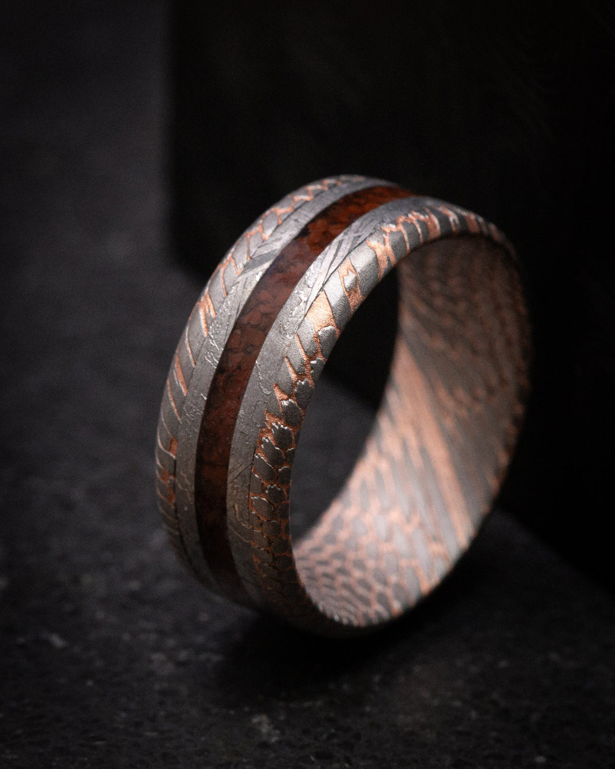 Citadel XVI - Superconductor Men's Wedding Ring with Gibeon Meteorite and Dinosaur Bone Inlays Band - view 4 - Nura Lab