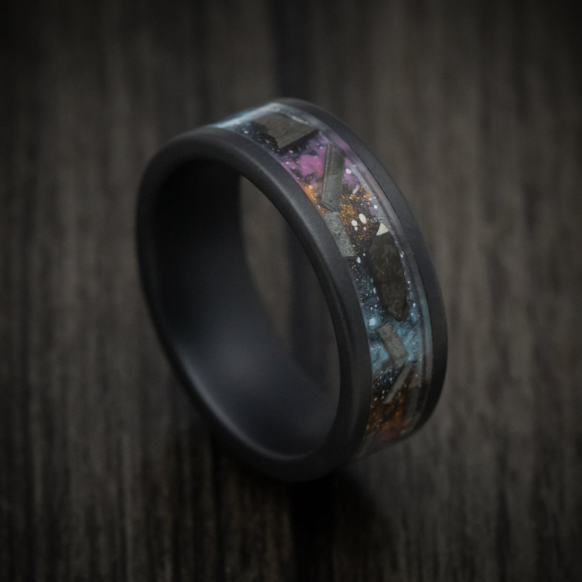 Timber XVII - Black Ceramic Men's Wedding Ring with Galaxy Cerakote and Meteorite Flake Inlay - Nura Lab