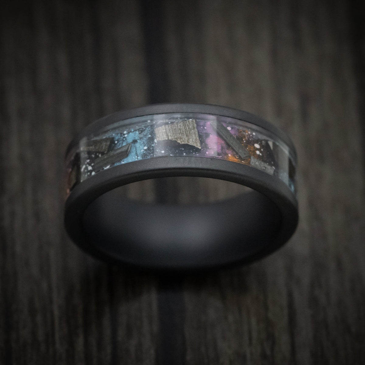 Timber XVII - Black Ceramic Men's Wedding Ring with Galaxy Cerakote and Meteorite Flake Inlay - view 2 - Nura Lab