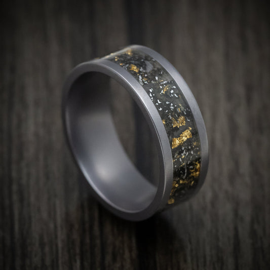 Glacier XVI - Tungsten Men's Wedding Ring with Black Sand with Gold and Meteorite Flakes Inlay - Nura Lab