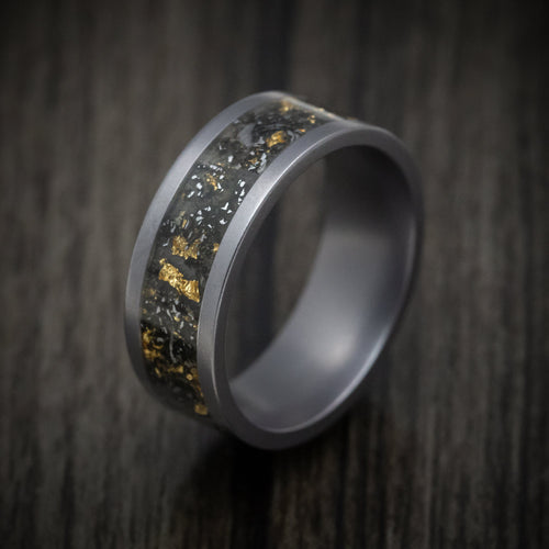 Glacier XVI - Tungsten Men's Wedding Ring with Black Sand with Gold and Meteorite Flakes Inlay - view 3 - Nura Lab