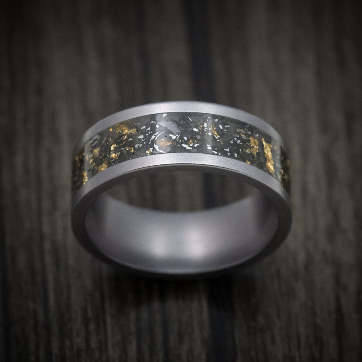 Glacier XVI - Tungsten Men's Wedding Ring with Black Sand with Gold and Meteorite Flakes Inlay - view 2 - Nura Lab