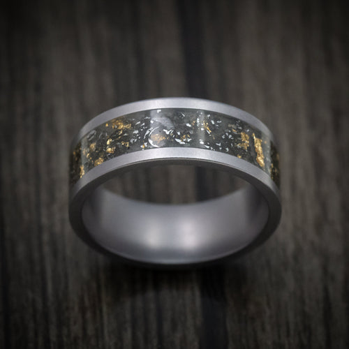 Glacier XVI - Tungsten Men's Wedding Ring with Black Sand with Gold and Meteorite Flakes Inlay - view 2 - Nura Lab