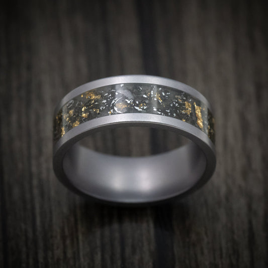 Glacier XVI - Tungsten Men's Wedding Ring with Black Sand with Gold and Meteorite Flakes Inlay - view 2 - Nura Lab