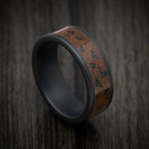 Fortress XVI - Black Ceramic Men's Wedding Ring with Red Sand and Black Dinosaur Bone Inlay - Nura Lab