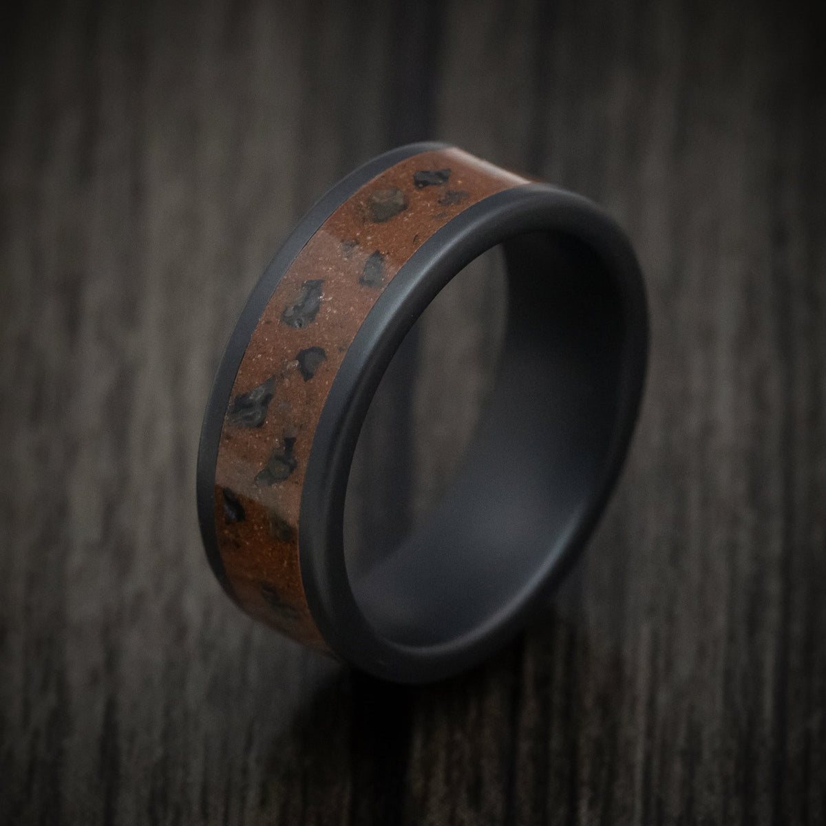 Fortress XVI - Black Ceramic Men's Wedding Ring with Red Sand and Black Dinosaur Bone Inlay - view 3 - Nura Lab