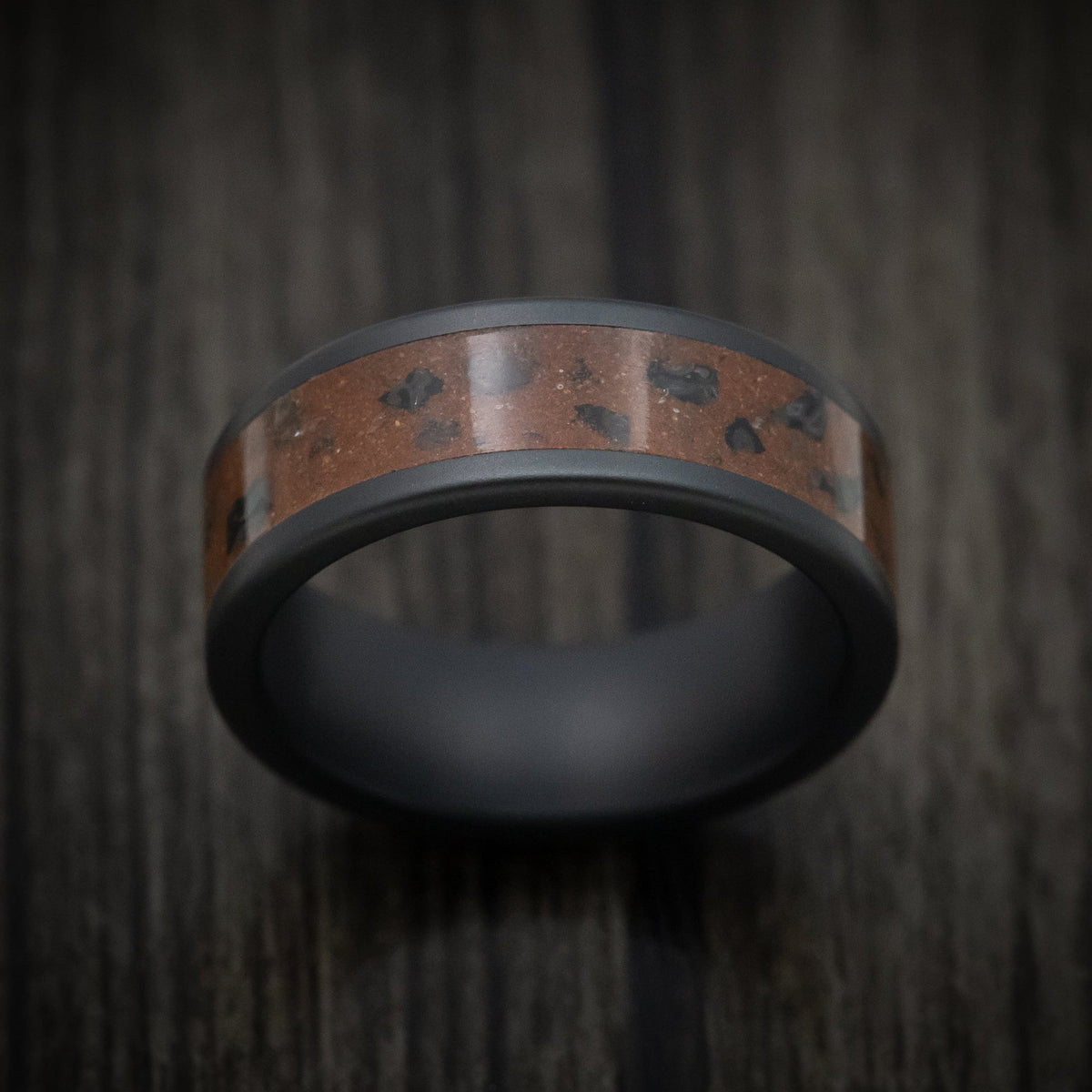 Fortress XVI - Black Ceramic Men's Wedding Ring with Red Sand and Black Dinosaur Bone Inlay - view 2 - Nura Lab