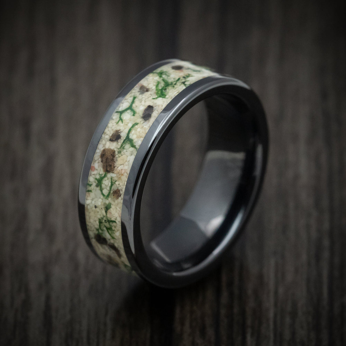Empire XVI - Black Ceramic Men's Wedding Ring Tan Sand with Moss and Dinosaur Bone Inlay - view 3 - Nura Lab