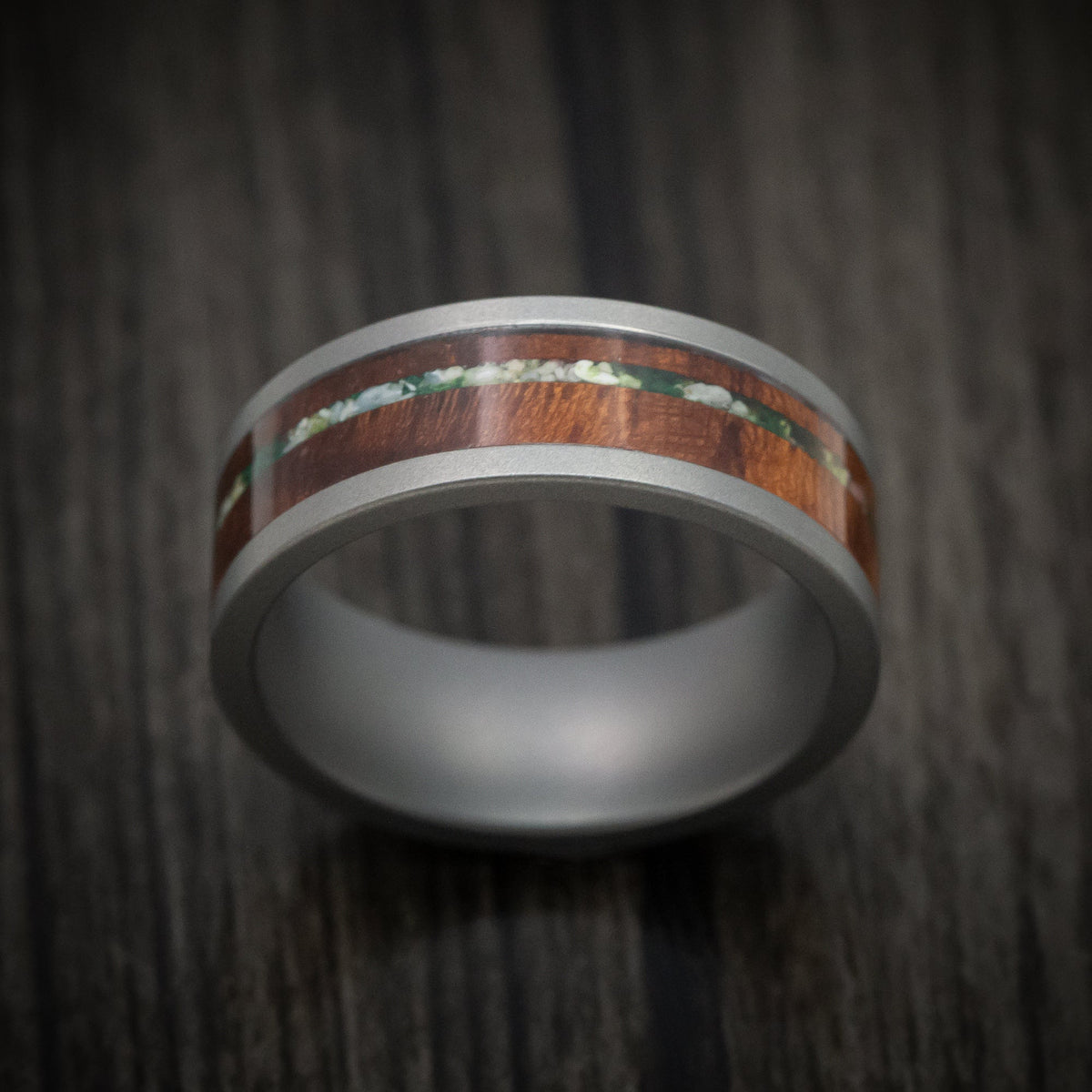Augustus XIII - Tantalum Men's Wedding Ring with Wood and Sand Moss Inlays - view 2 - Nura Lab
