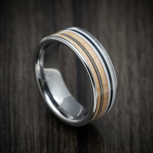 Caesar XIII - Cobalt Chrome Men's Guitar Wedding Ring with Ashwood Pick Guard and Guitar String Inlays - Nura Lab