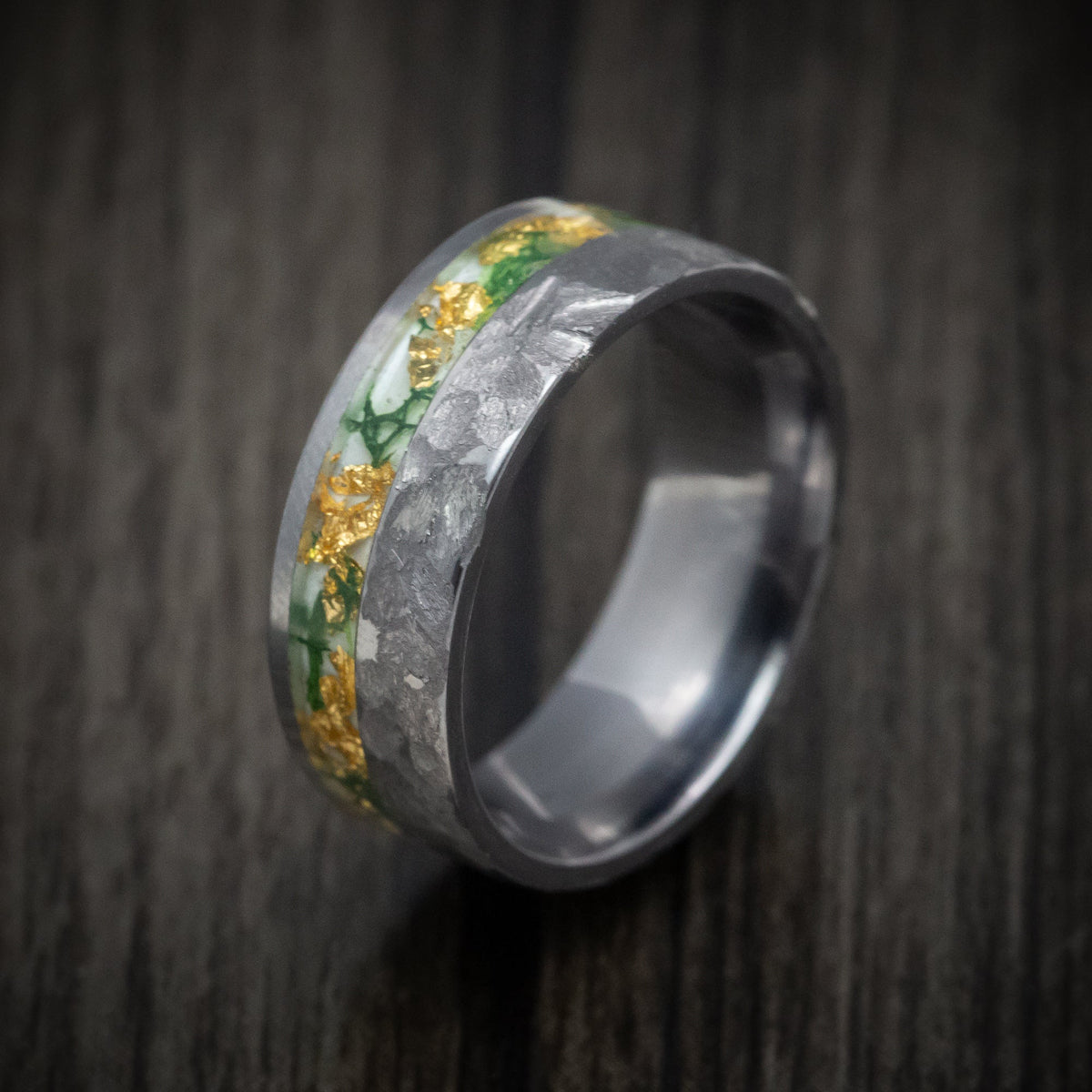 Flint XIV - Tantalum Men's Wedding Ring with Moss and Gold Flakes Inlay - view 3 - Nura Lab