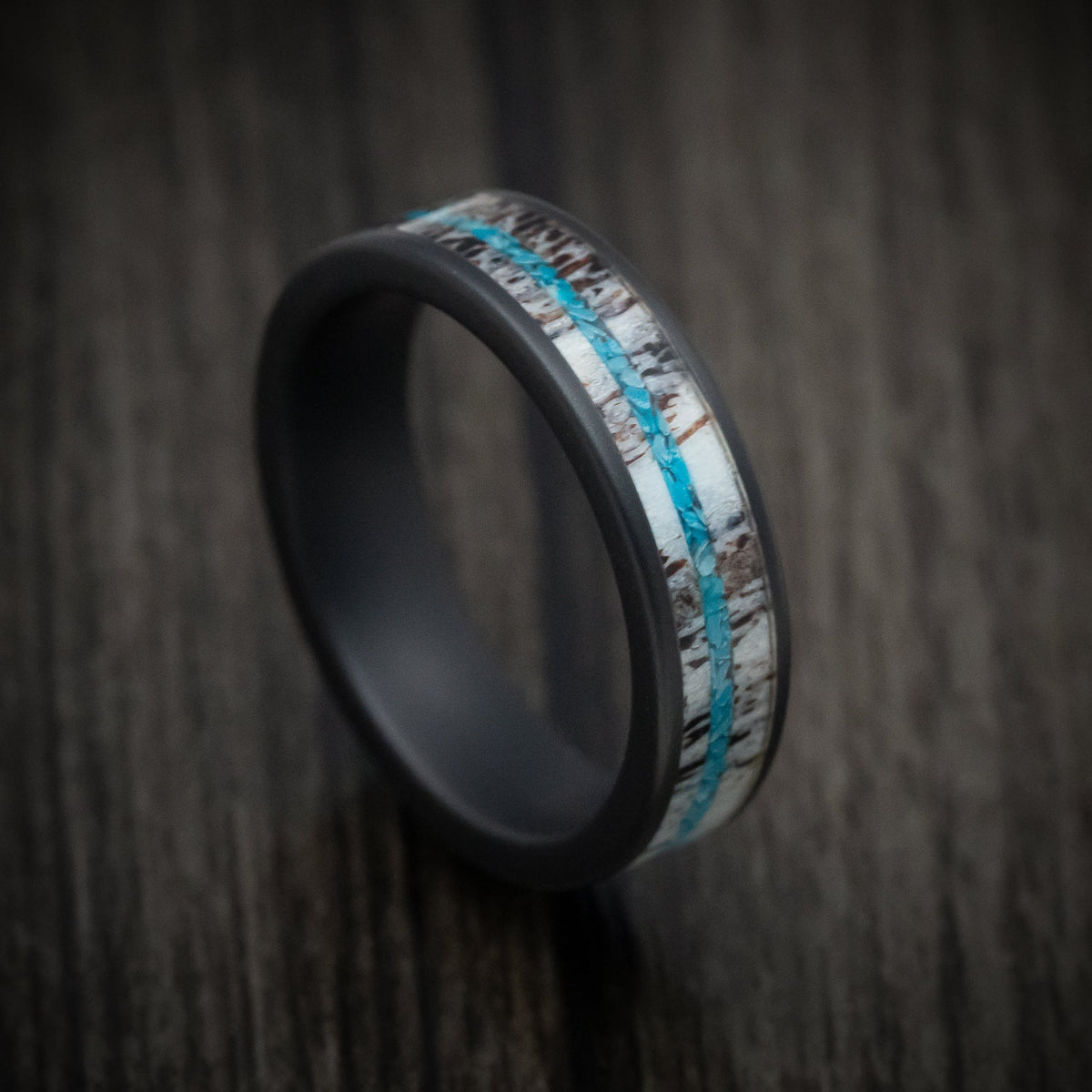 Forge XVII - Black Ceramic Men's Wedding Ring with Antler and Turquoise Inlays - Nura Lab