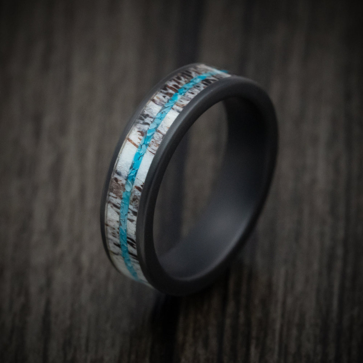Forge XVII - Black Ceramic Men's Wedding Ring with Antler and Turquoise Inlays - view 3 - Nura Lab