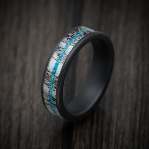 Forge XVII - Black Ceramic Men's Wedding Ring with Antler and Turquoise Inlays - view 3 - Nura Lab