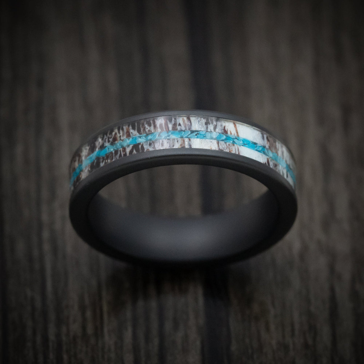 Forge XVII - Black Ceramic Men's Wedding Ring with Antler and Turquoise Inlays - view 2 - Nura Lab