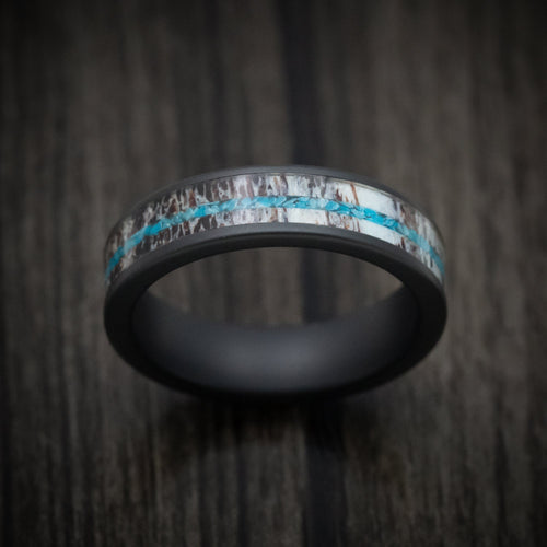 Forge XVII - Black Ceramic Men's Wedding Ring with Antler and Turquoise Inlays - view 2 - Nura Lab