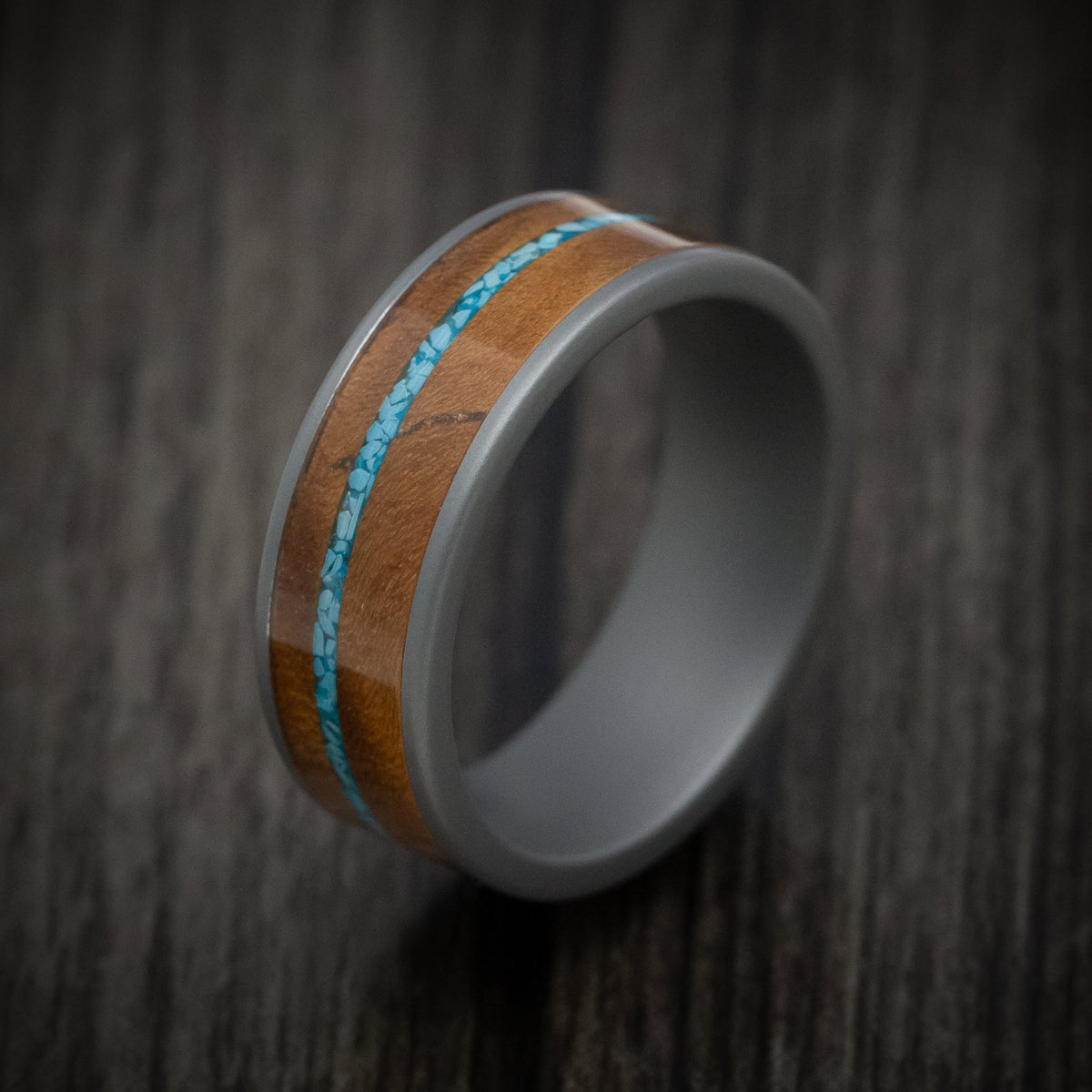 Knight XIII - Tungsten Men's Wedding Ring with Wood and Turquoise Inlays - view 3 - Nura Lab