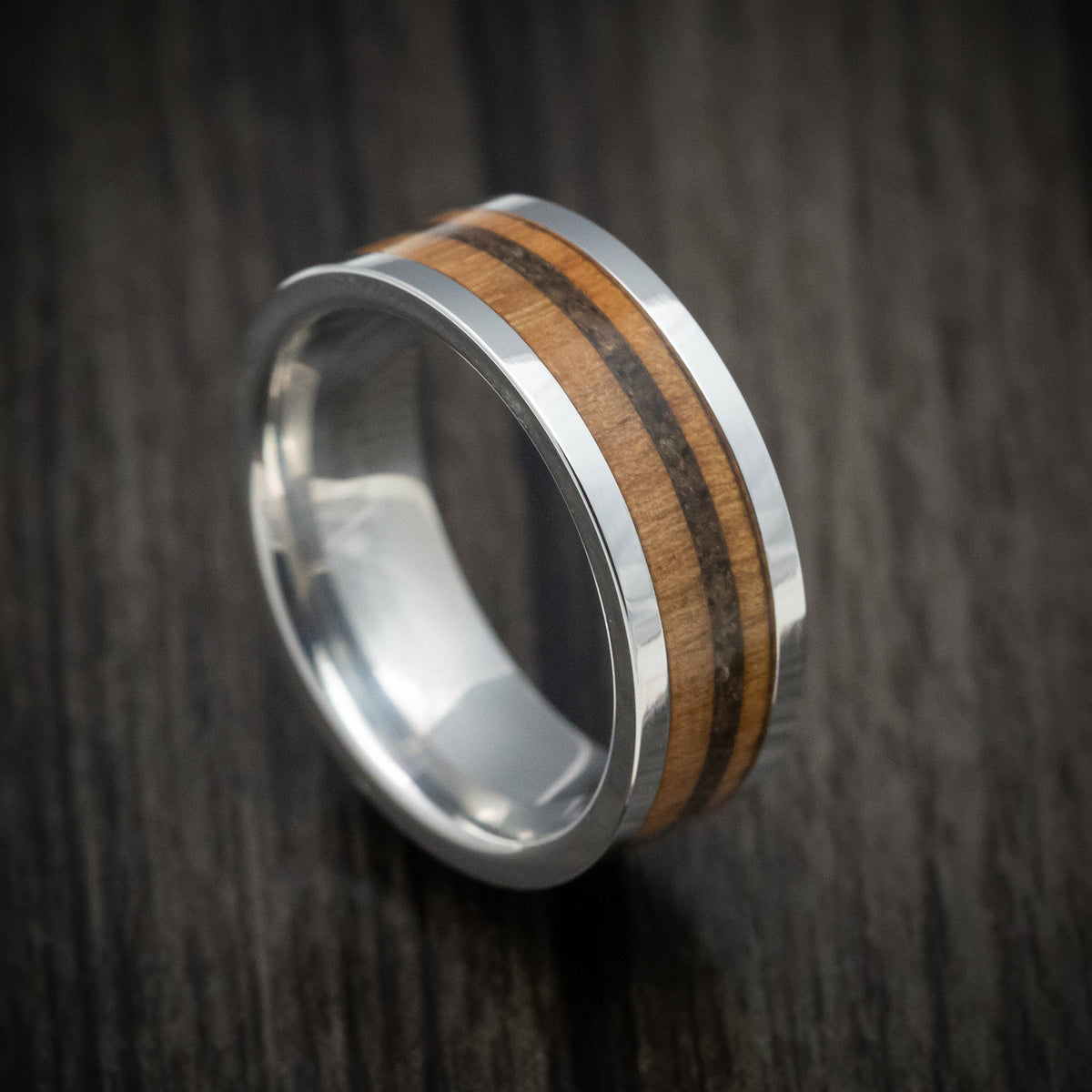 Baron XIII - Cobalt Chrome Men's Wedding Ring with Wood and Dinosaur Bone Inlays - Nura Lab