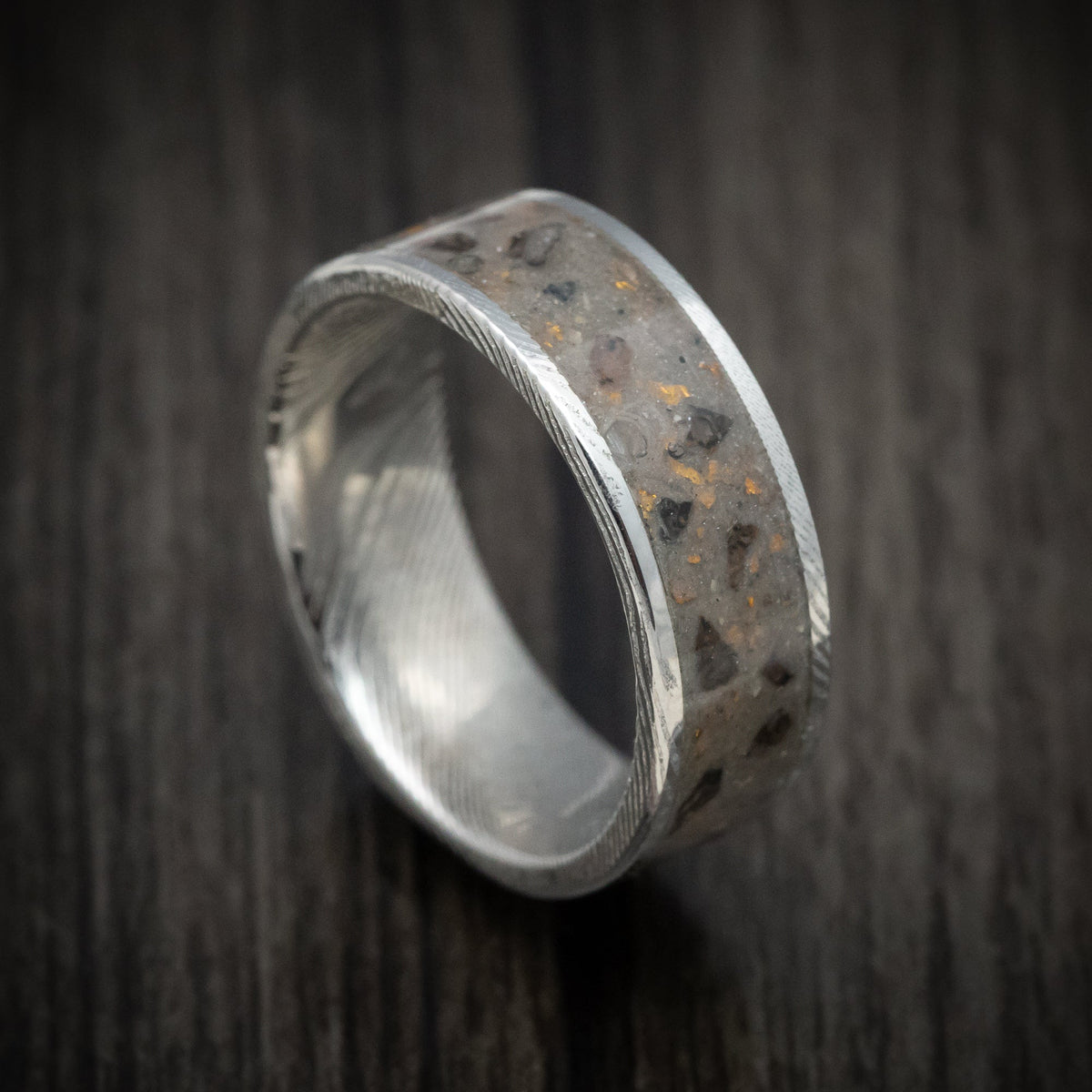 Bastion XI - Damascus Steel Men's Wedding Ring Tan Sand and Black Dinosaur Bone with Gold Flakes Inlay - Nura Lab