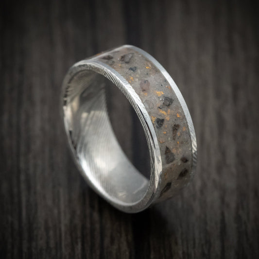 Bastion XI - Damascus Steel Men's Wedding Ring Tan Sand and Black Dinosaur Bone with Gold Flakes Inlay - Nura Lab